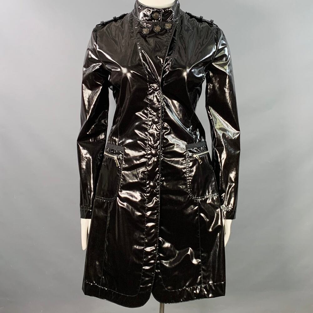 EMPORIO ARMANI 12 Black Polyester Cotton Epaulets Zip Pockets Hidden Snaps Coat